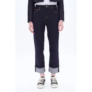High Rise Straight Cuffed Denim Jeans