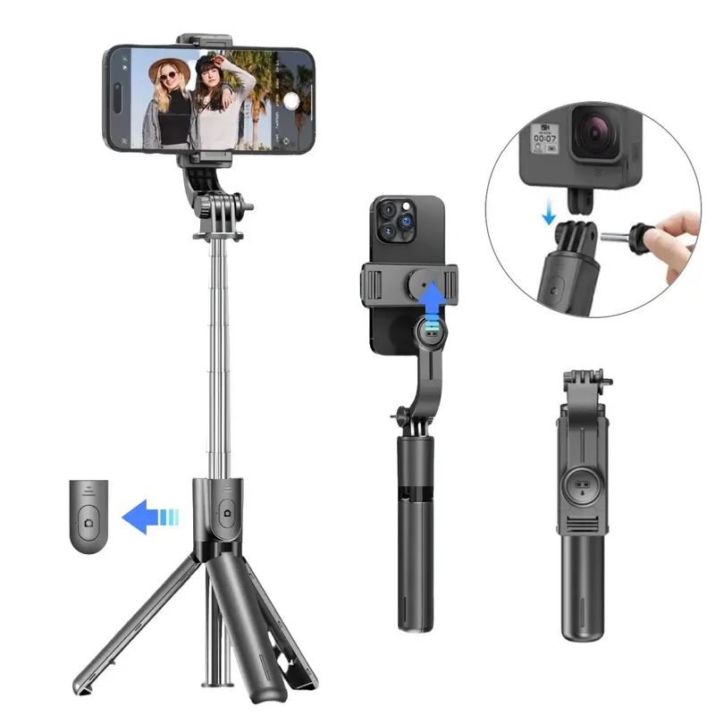 672mm(H) 360° Rotation Portable Selfie Stick with Wireless Remote & Detachable Phone Clip, 26.5" Adjustable Telescoping Tripod Stand Desktop Holder, Universal Fits for 4-7" iPhone Samsung, Holes Mount Adapter Action Cam Fits for Gopro Hero Insta360 Akaso