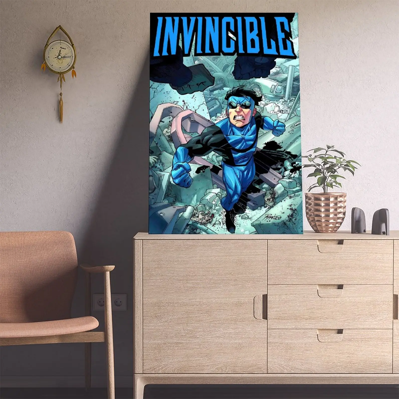 Universal Wood Frame Plaid Poster - Vibrant Cartoon Superhero Art, Sci-Fi Home Decor, Comic Book Wall Artwork for Wardrobe, Toilet, Study, Ideal Gift for Home Supplies Enthusiasts