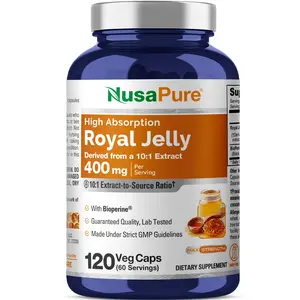 NusaPure Royal Jelly 10:1 Extract Plant-Based Vitamins Supplements, 400 mg - 120 Veggie Capsules, Non-GMO, Dairy-Free Dietary Supplement