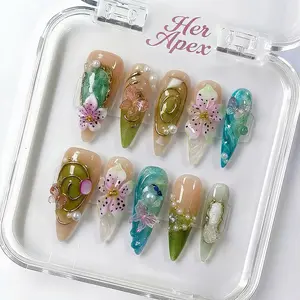 Her Apex  Green mood-Handmade Press-On  | Reusable, Salon-Quality, Long-Lasting, Glossy Design nails acrylics nina pool Black Jelly Resin Rhinestones Mix