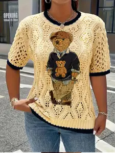 Spring Summer Women's Cute Teddy Bear Animal Print Round Neck Short Sleeve Knit Sweater, Casual Comfortable Breathable, All Seasons Wear