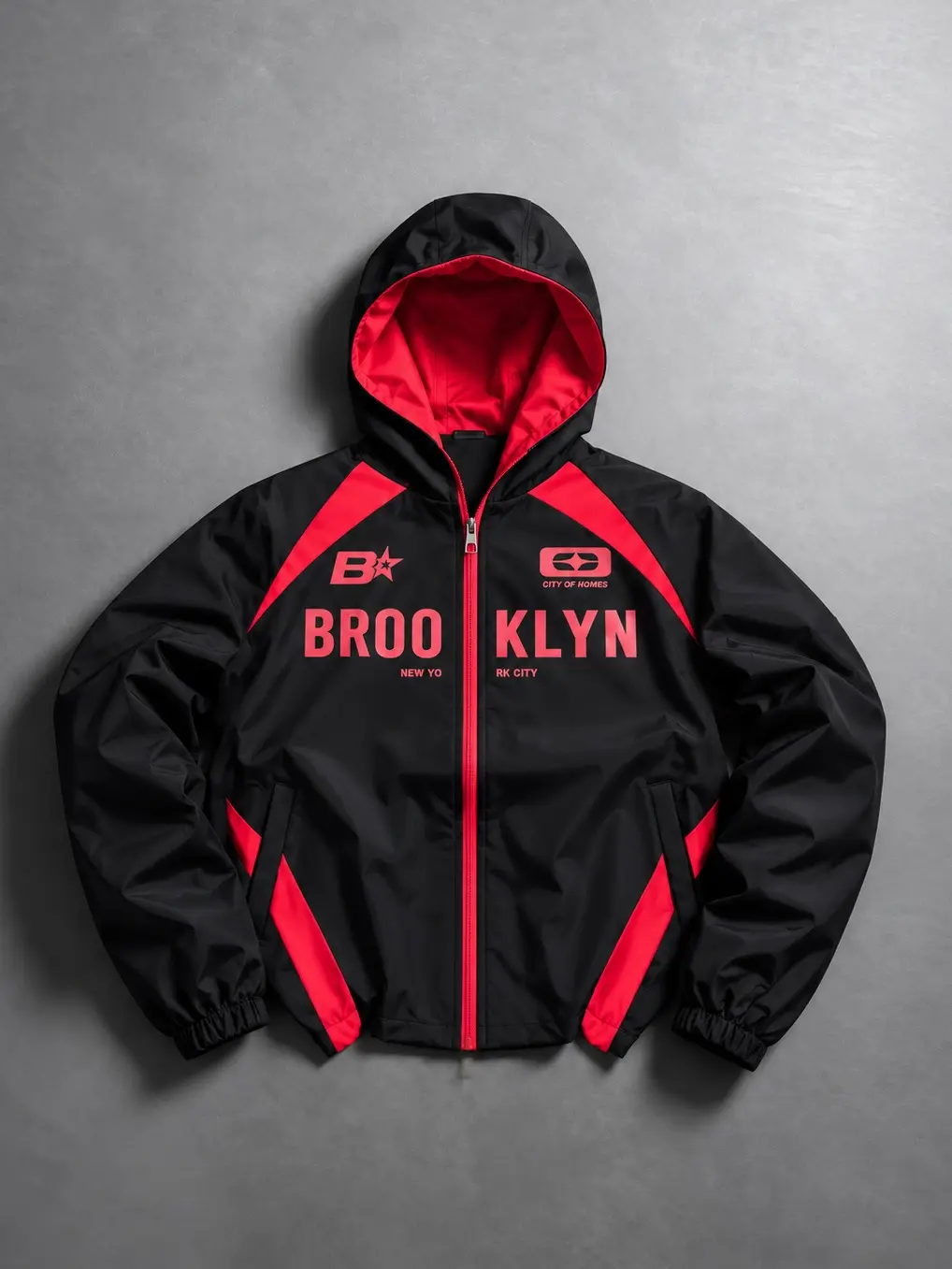 Men's Black Red Color Block Hooded Sport Jacket, BROOKLYN Letter Print Zip Up Windbreaker, Lightweight Streetwear Outerwear Top, Casual Athletic Track Jacket with Pockets for Fall Spring Everyday Wear