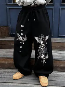 Men's Sporty Street Style Drawstring Waist Sweatpants, Angel Drop Graphic Print, Fitted Straight Leg, Casual Sports, Spring & Fall Fashion
