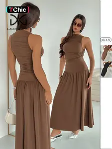 Women's Solid Color Slim Ruched Dress, Elegant Sleeveless Long Dress for Party Holiday Wedding Guest, Ladies Clothes for Summer