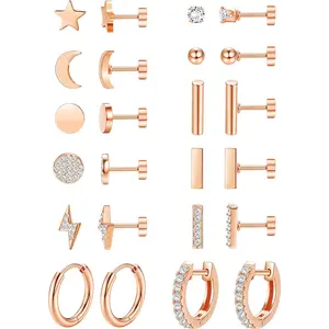 MILACOLATO 12-Pair Hypoallergenic 14 Karat Gold-Plated Stainless Steel Flatback Earrings Set - 20G Flatback Studs, Small Huggie Hoops, Multi-Size for Daily Wear & Multiple Piercings (for Women, Men)