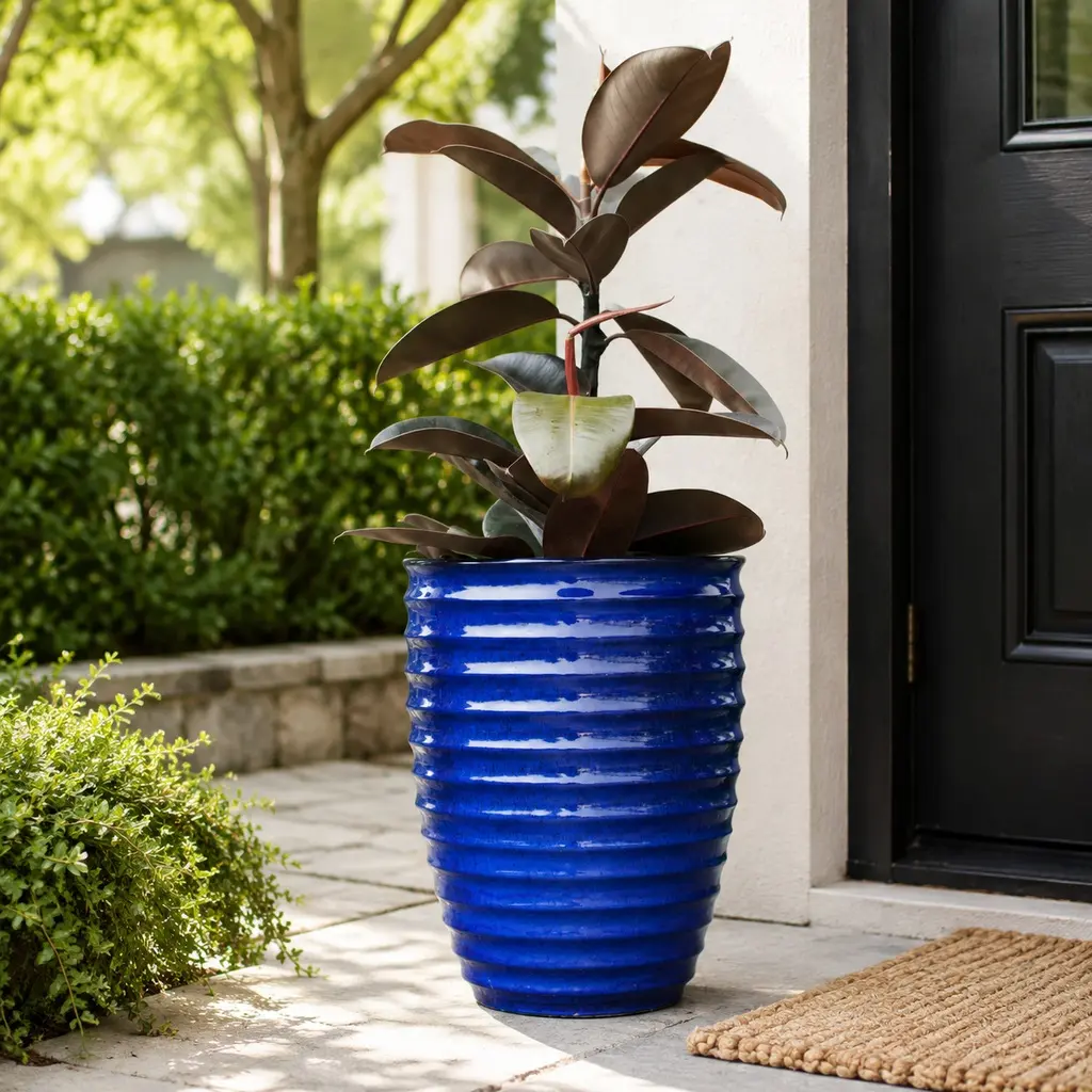 Handmade Sapphire Blue Ceramic Planter 17 Inch Diameter Large Flower Pot for Monstera Fiddle Leaf Fig Indoor Outdoor Breathable Clay Pot with Horizontal Ripples Pattern for Doorway Patio Living Room Decor, Sapphire Blue Color Options
