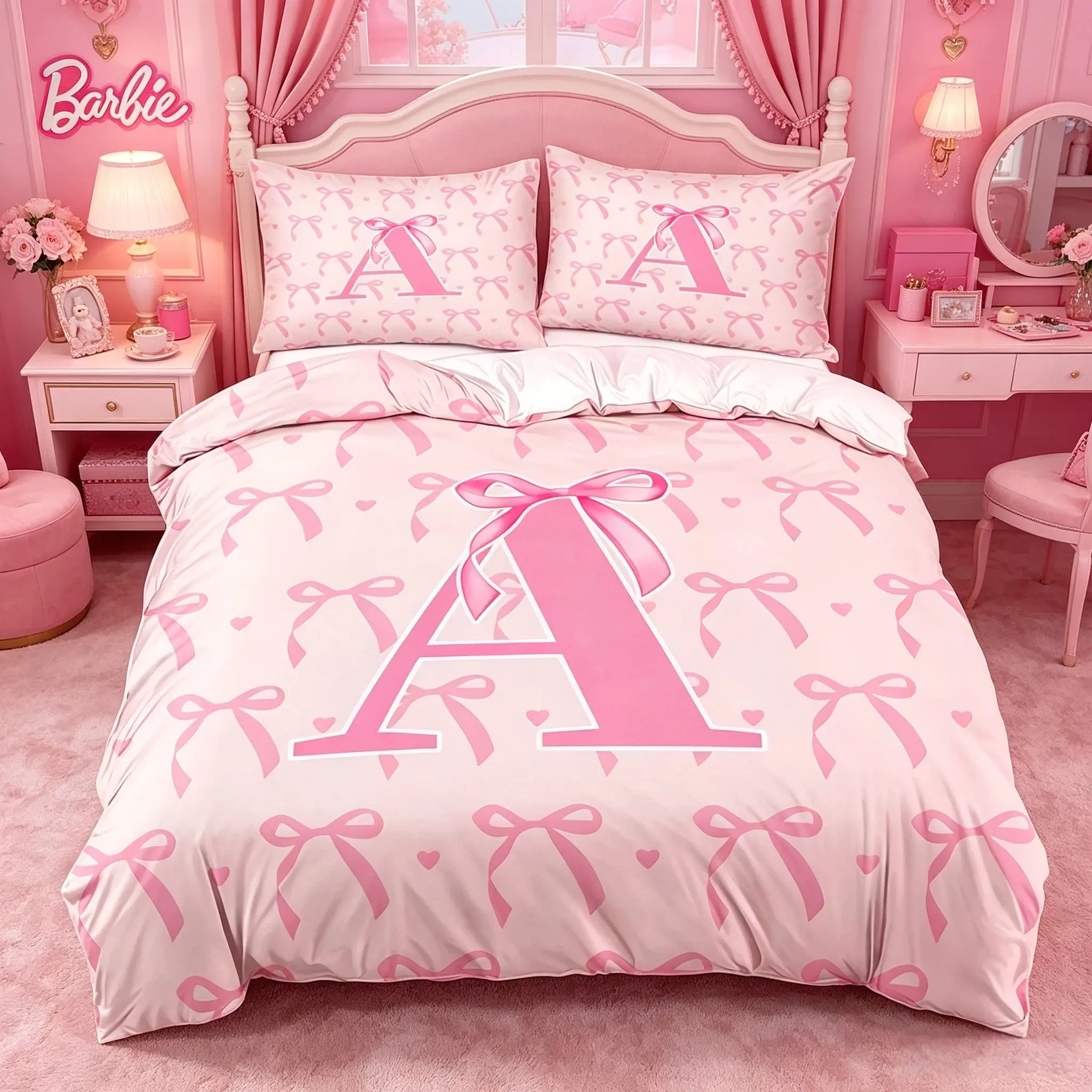 Personalized Initial Bow Duvet Cover Set, 1 Duvet Cover with 1/2 Pillowcases, Pink Bow Monogram Bedding (All Letters A-Z) for Bedroom, Dorm & Guest Room, Printed Bedding Set