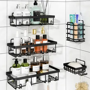 5-Piece Black Shower Organizer Set, Self-Adhesive No-Drilling Stainless Steel Wall Mount Modern Storage Shelves, Rust-Proof Bathroom Accessories for Shampoo & Body Wash,summervibes