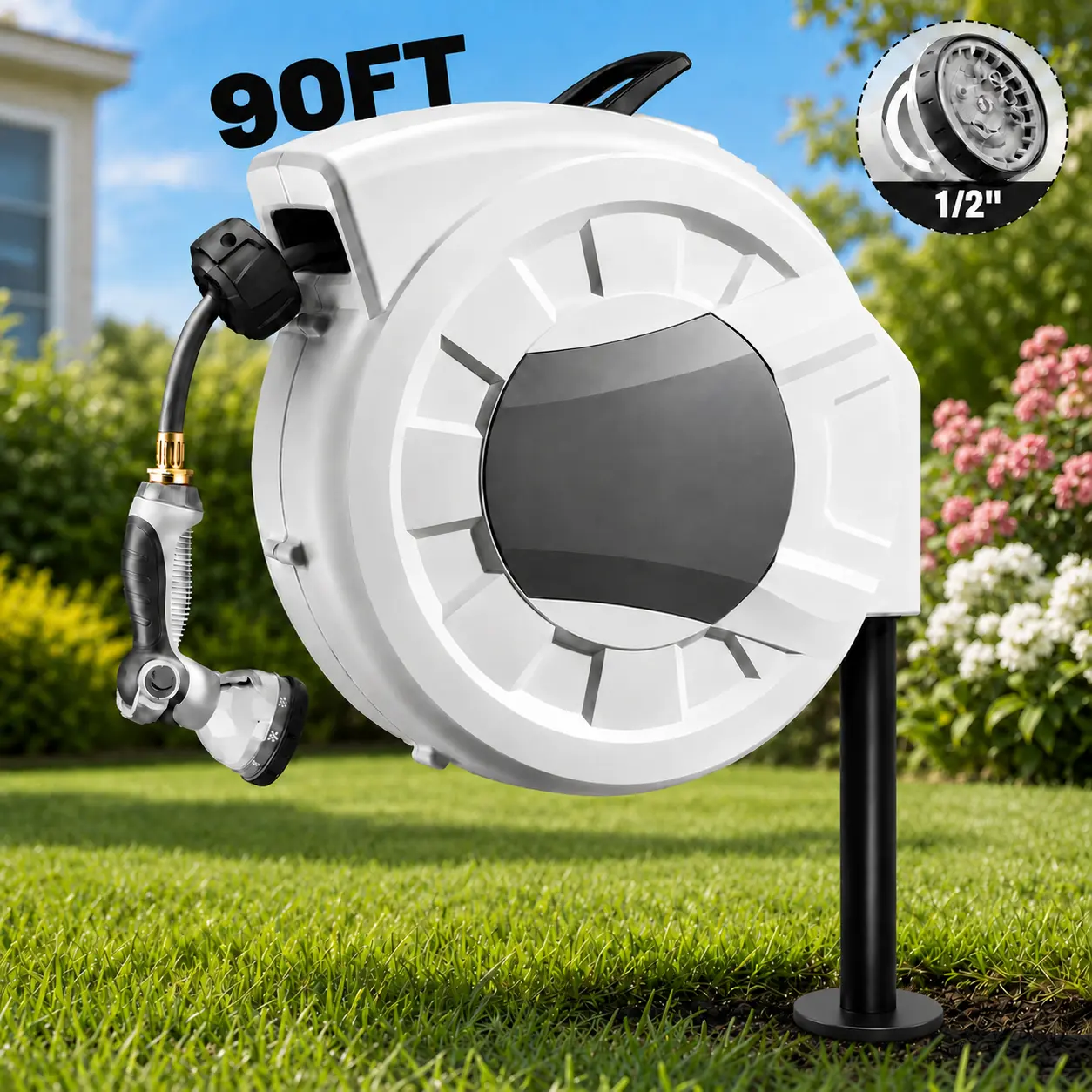 90FT Retractable Garden Hose Reel with Ground Screw Spike, 1/2" Auto Rewind Water Hose Reel, Heavy Duty Wall & Ground Mount Water Reel with Multi-Spray Nozzle for Lawn Yard Outdoor Watering