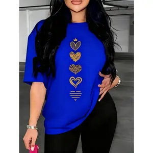 100% pure cotton, available in multiple colors, Women's Plus Size Round Neck Short Sleeve Heart-shaped Casual T-shirt Top Base Shirt