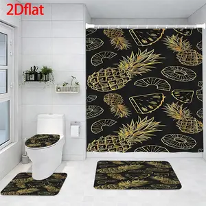 4-Piece Bathroom Sets Full Set Golden Pineapple Pattern Four-Piece Curtain Set Elegant Decor Shower Bath funny Accessories U-Shaped floor Seat Cover Cushion Toilet Lid Rug Carpet Non-Slip  Shape Mat Gifts Style toilet waterproof