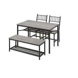 Grey Dining Table and Chairs Set of 4 Kitchen Table with Storge Bench 47.2" Rectangular Kitchen Table Set with Wine Rack Small Dining Table Set for Apartment