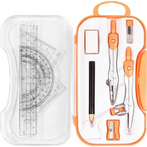 Math Geometry Kit Set, 10 Pieces for Students, with Shatterproof Storage Box; Includes rulers, protractor, compass, eraser, pencil sharpener, lead refills, pencil; suitable for drafting and drawings (Orange).