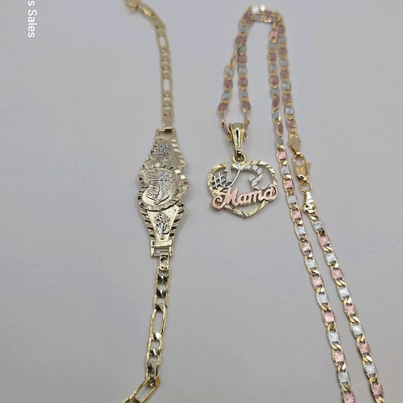 MOTHER'S GIFT SET mama #1 necklace mama bracelet heart and figaro style GOLD-PLATED 7"inches three colors