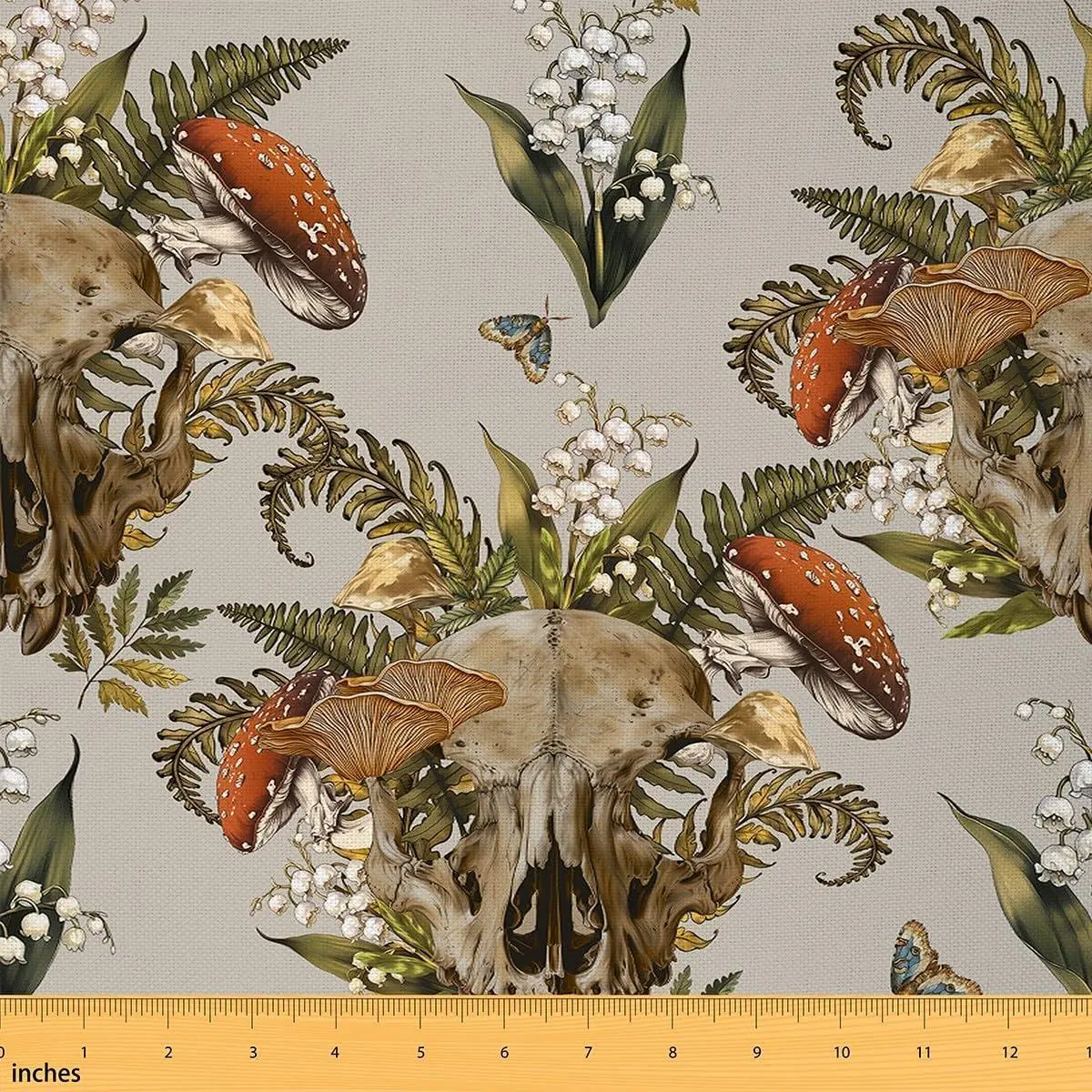 Mushroom Fabric Wild Animal Skull Outdoor Plants Decor Fabric Sewing Lovers Botanical Leaves Western Jungle Style Fabric DIY Soft Flannel Polyester