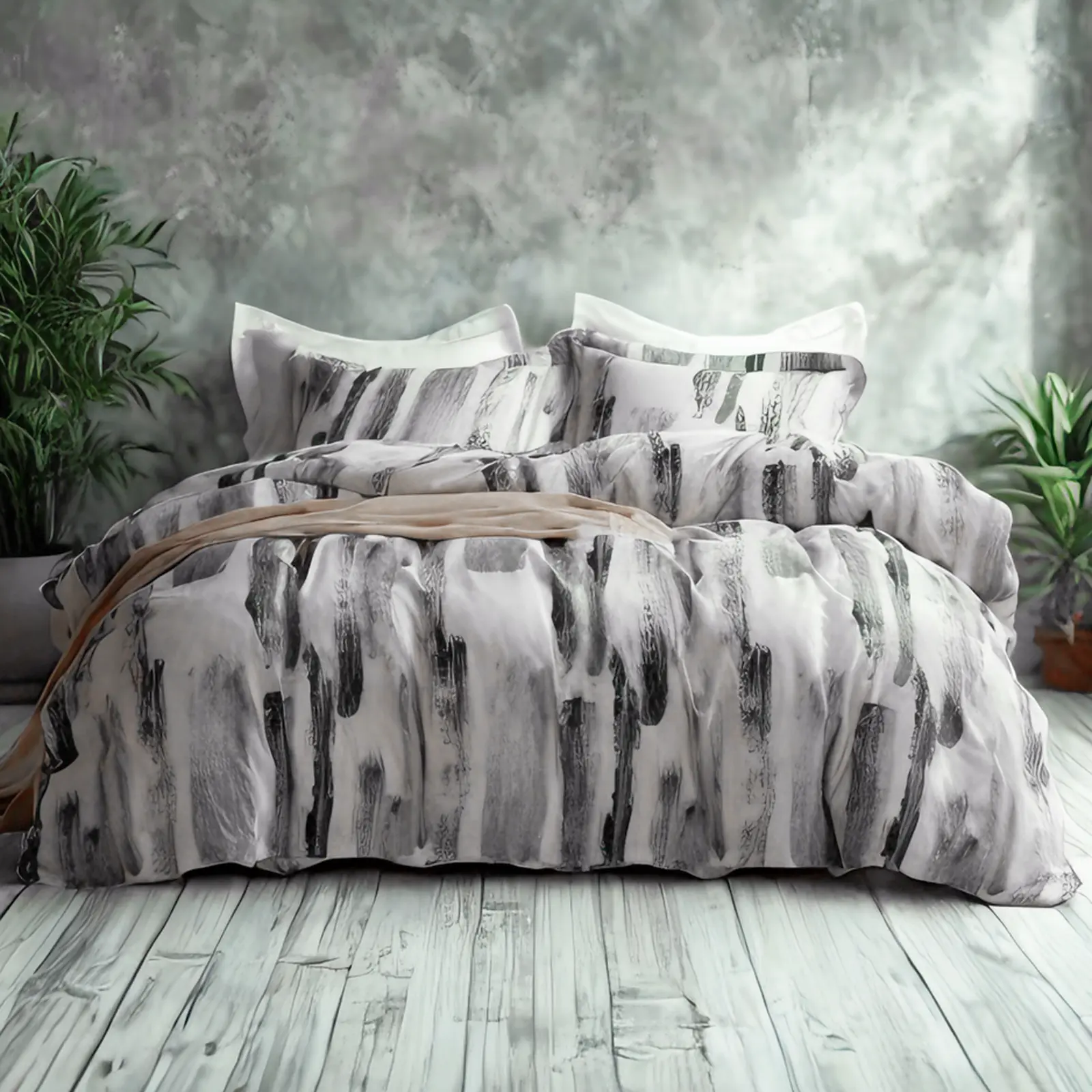 Breathable Brushed Microfiber Bedding Set with Duvet Cover & Pillowcases, Soft and Wrinkle-Resistant Comforter Cover with Hidden Zipper and Corner Ties, Ink-Style Pattern Duvet Cover Set, Fade-Resistant & Easy Care