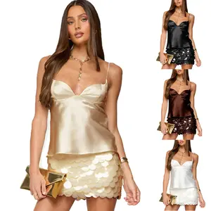 Wome's Satin Cami Top Spaghetti Straps Ruched Sweetheart Neck Crop Tank Tops Casual Summer Sleeveless Camisole Beachwear Party Clubwear