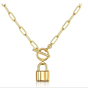 Lock Pendant Necklace, 18K Gold Plated Steel. Waterproof Hypoallergenic