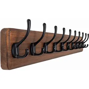 Farmhouse Style Wall Mounted Coat Rack, 38.6'' Pine Wood Coat Hook Hanger - 10 for Clothes Robes Towels