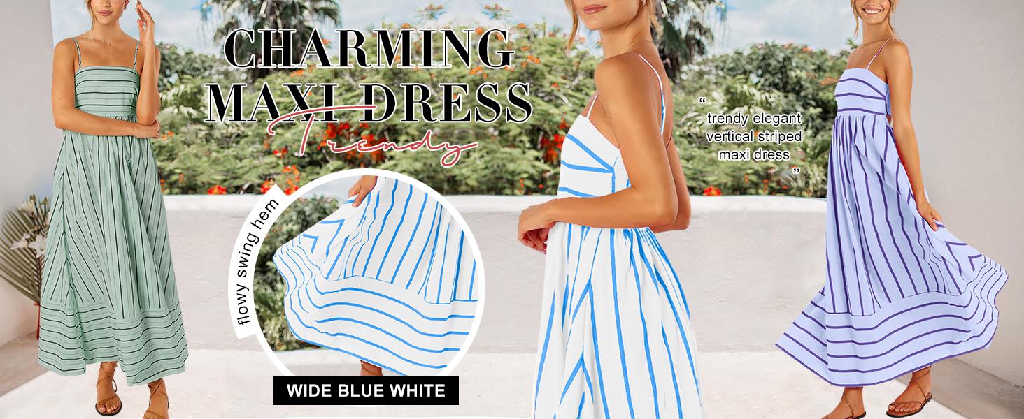 Loveimgs Women's Backless Maxi Dress — Striped & Pleated Design, Sexy Spaghetti Straps, Flowing Full Skirt