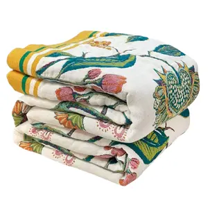 Boho Throw Blanket for Bed-100% Cotton Soft Breathable Farmhouse Decor Boho Quilt for Sofa (Flower Bird, 60"x80")