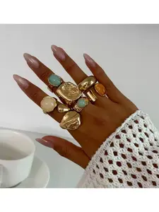 Women's Retro Fashion 7-Piece Geometric Ring Set, Bold Metal Stackable Finger Rings for Daily Wear and Parties, Birthday Jewelry Gift, Chunky Statement Rings