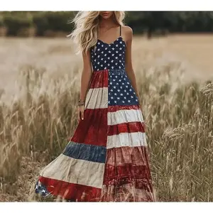 Women's Vintage Independence Day Patch Art Line Dress American Flag Floral Print Dresses Casual Polyester