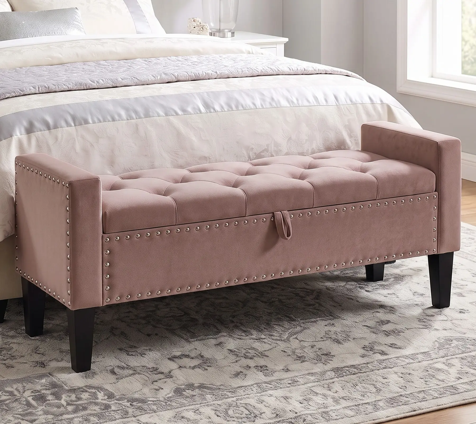 Homeokay Rectangular Velvet Mid-Century Furniture Ottoman - 64"/50" Upholstered Storage Bench, King/Queen Size, Wooden Legs, Large Hidden Storage, for Indoor Hallway Bed End Decor