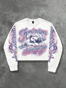 Retro-style angel long-sleeved T-shirt for men, short-sleeved top unisex, European and American streetwear casual fashion brand round-neck T-shirt with cross and cute angel print, long-sleeved Instagram trend