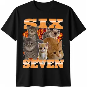 100% Cotton Six Seven Cat Meme Funny Bootleg Graphic T-Shirt
