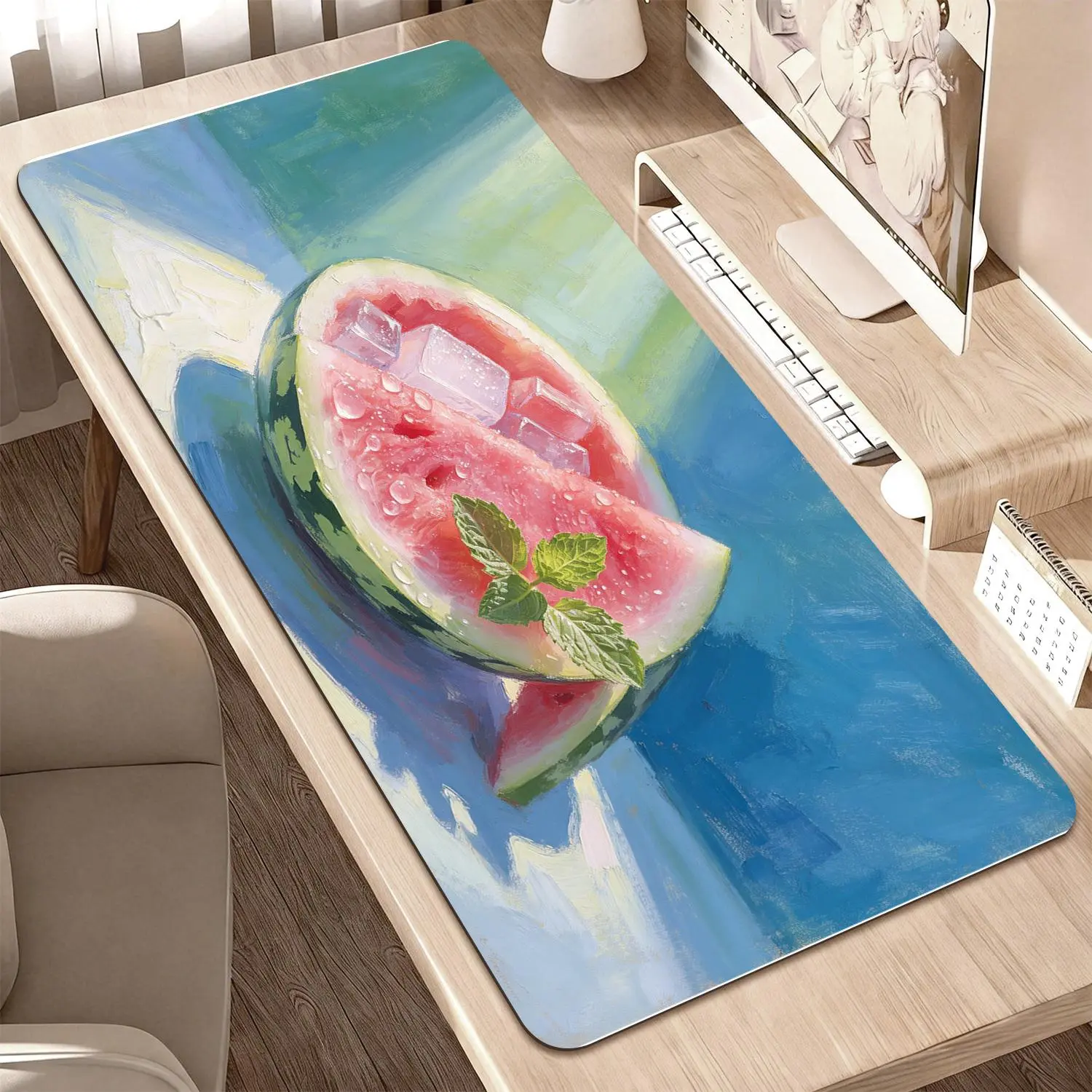 Premium Watermelon, Ice Cubes & Mint Leaves Illustration Sublimation Mouse Pad, 40x80cm High-Quality, Non-Slip, Durable for Office Work & Gaming Comfort, Sublimation Mouse Pads