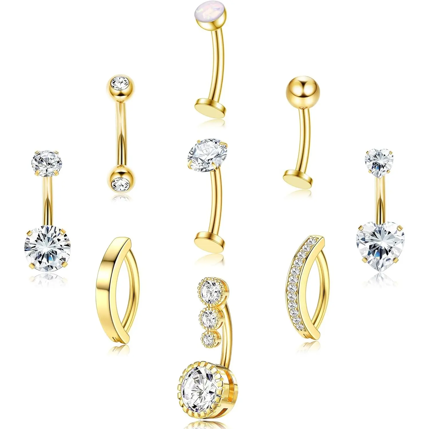 CASSIECA 9-Pcs Gold & Silver Belly Button Rings Set - Body-Safe Piercing Jewelry, Surgical Stainless Steel, Geometric Floating CZ Opal Heart Clicker for Women's Navel & Belly Piercings, Belly Piercing