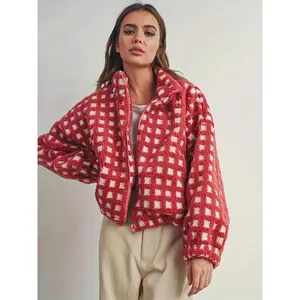 Women's Plush Checkered Coat, Warm Winter Outerwear, Casual Style, Long Sleeve, Button Front, Pocket Design, Perfect for Cold Weather