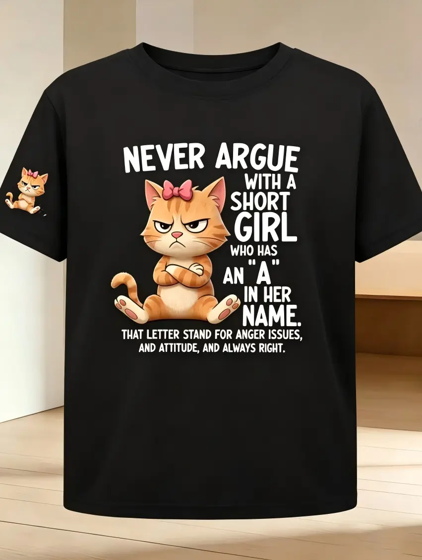 Women's Soft White Cotton Round Neck Shortsleeve Oversized Garment Tee - Mini Grumpy Orange Cat Sleeve Print, Large Attitude Cat Quote Front Graphic, Trendy Sassy Streetwear Casual Bestie Holiday Gift