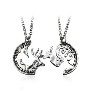 2pcs/set Unisex Asymmetrical Necklace with Deer Design, Casual Trendy Metal Feature, Fashionable Charms Necklace for Daily & Party Decoration, Western Jewelry, Men Jewelry, Friendship Jewelry