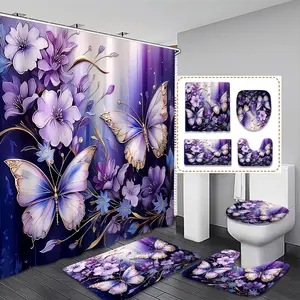 Creative Dreamy Floral Butterfly Shower Curtain Set, 2 Specifications Available, Includes 12 Plastic Hooks, Non-Slip Mat, Toilet Lid Pad