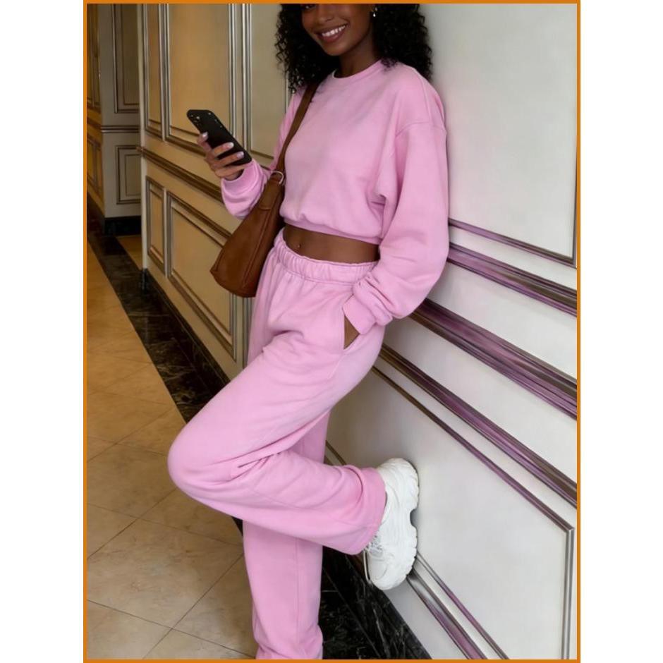 Women's Pink Cotton Crewneck Sweatshirt Set – Casual Pullover Hoodie & Jogger Pants 2 Piece Loungewear Set