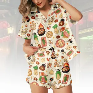 Ghibli Anime Short Satin PJs Set, Cute Calcifer Satin Pajamas, Howl Moving Short Pajama Set, Gift For Anime Lover, All-over Print Kid and Youth Satin Short-Sleeve Pajamas Set