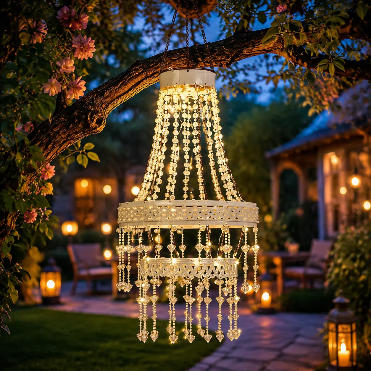 Solar Chandelier Hanging Light Outdoor Waterproof, Vintage Metal Garden Lantern with Acrylic Crystal Beads, Warm White LED Decorative Lamp for Patio, Yard, Tree, Gazebo, Wedding Decor