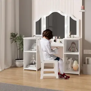Garvee Princess Vanity Table & Chair Set with 2-in-1 Design, Touch Light, Large Storage, Detachable Tri-Folding Mirror, Easy Assembly, High Back Chair, and Convertible Use for Girls