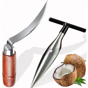 Coconut Opener Tool Set -Stainless Steel Coconut Puncher and Coconut Meat Remover Scraper Knife with Durable Non-Slip Wooden Handle,Coconut Punch Tools