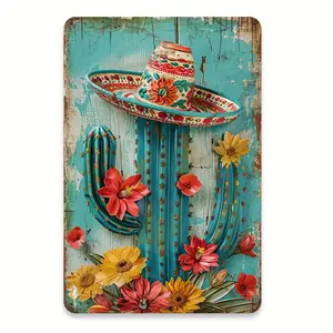 Office Accent |   Charming Vintage Cactus With Sombrero Metal Tin Sign - Rustic Mexican-Inspired Wall Decor, Colorful Floral Art For Home, Office, Cafe, Garage - Easy To Hang, No Power Required, Indoor Decoration | Floral Design | Iron Wall Art, Mexican H