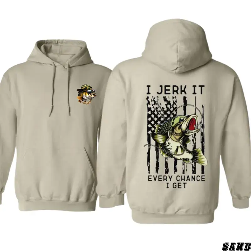 I Jerk It Every Chance I Get Fishing Hoodie, Funny Bass Fishing Graphic Hooded Sweatshirt, Patriotic Angler Apparel