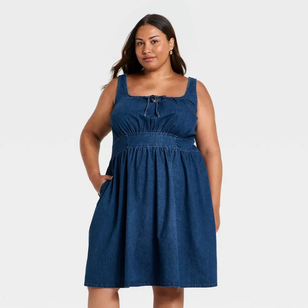 Women's Plus Denim Midi A-Line Dress - Ava & Viv Medium Wash 1X