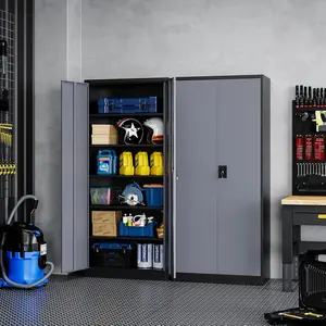 Yizosh Metal Garage Storage Cabinet with Lock, 72" Locking Tool Cabinets with 2 Doors and 5 Shelves, Heavy Duty File Cabinet for Office, School (Gray Black)
