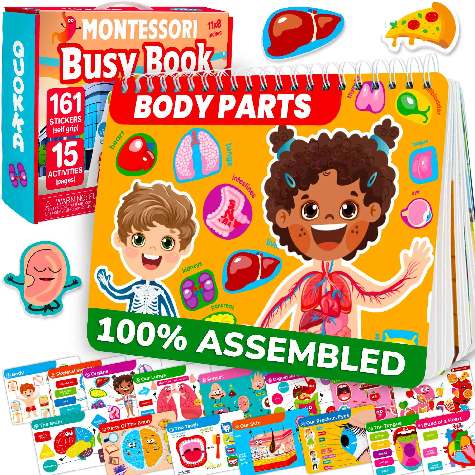 QUOKKA Body Busy Book Preschool Learning Tool - Vocabulary Flashcards, 15 Activity Pages, 161-Sticker Set, Interactive Educational Toy for Toddlers Ages 4-8 with Attention Support, Builds Early Science Knowledge