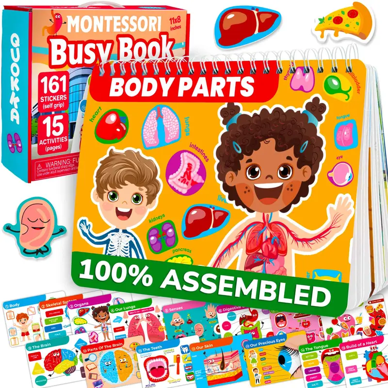 QUOKKA Body Parts Preschool Learning Tool - Interactive Toy Book Flash Cards, Activity Board Flash Cards, 15 Pages, 161-Sticker Set, Toddler Learning Activities for Ages 4-8, Attention Support, Early Science Knowledge Builder