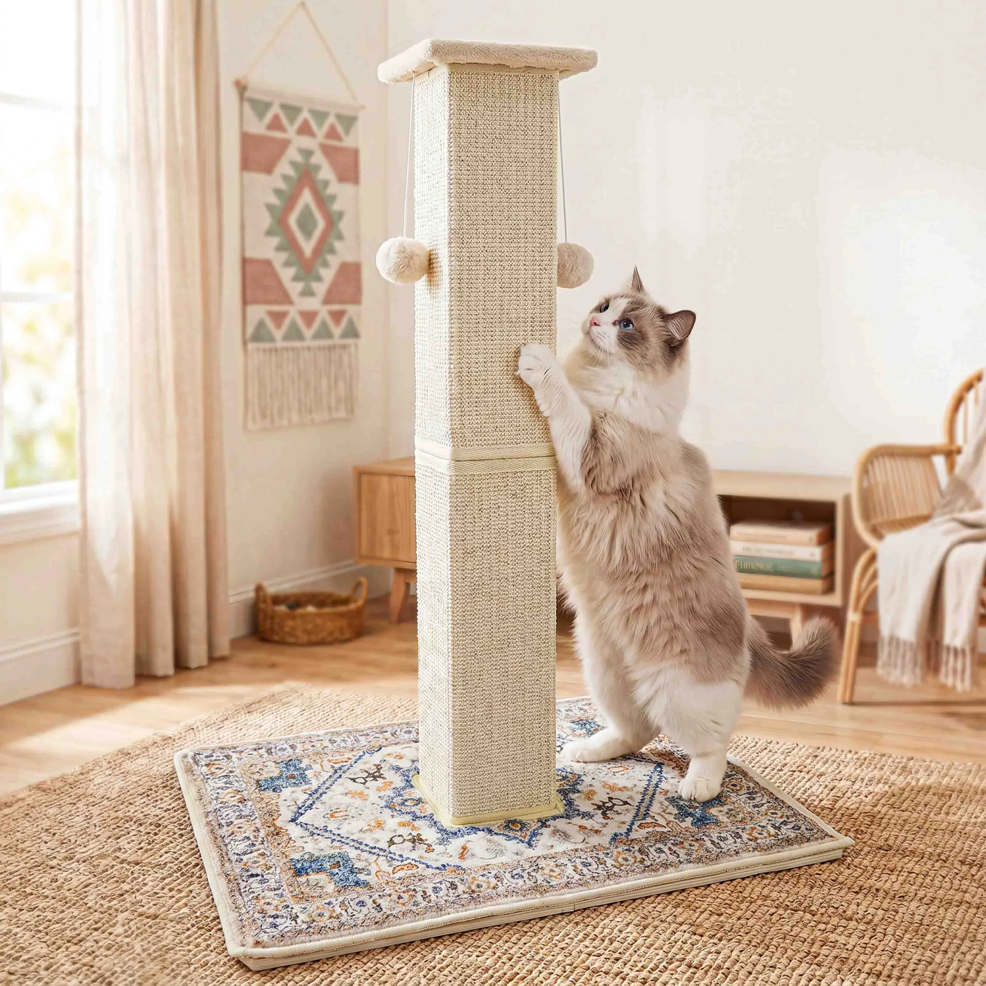 Tall Cat Scratching Post for Indoor Cats Adults, 33'' Large Cat Scratch Post with Perch, Cute Cat Scratching Post with Boho Carpet ＆ Dangling Ball Toys