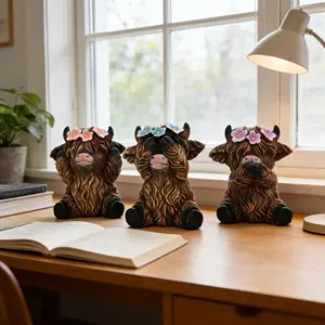 3-Piece Bulk Value Pack Cute Highland Cow Statues, Cost-Effective Resin Three Wise Cows Figurines Combo, Creative Tabletop Display Props for Cafe Shop & Hotel, Whimsical Farmhouse Aesthetic Ornaments